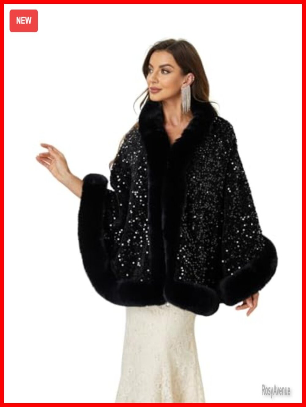 Faux Fur Sequin Wrap Shawl Cape for Prom Evening Party